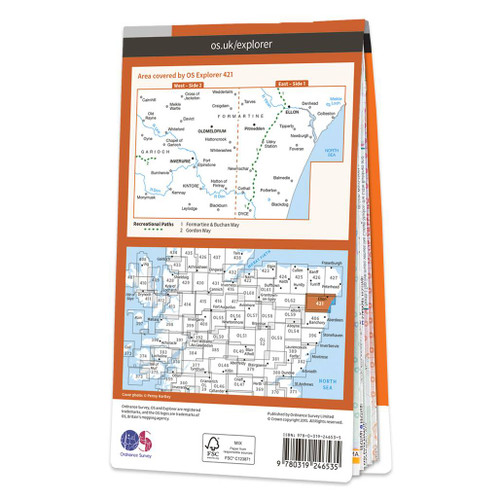 Rear orange cover of 421 OS Explorer Map of Ellon & Inverurie showing the area covered by the map and the wider area