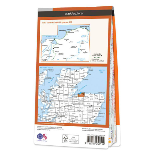 Rear orange cover of OS Explorer Map 423 Elgin, Forres & Lossiemouth showing the area covered by the map and the wider area