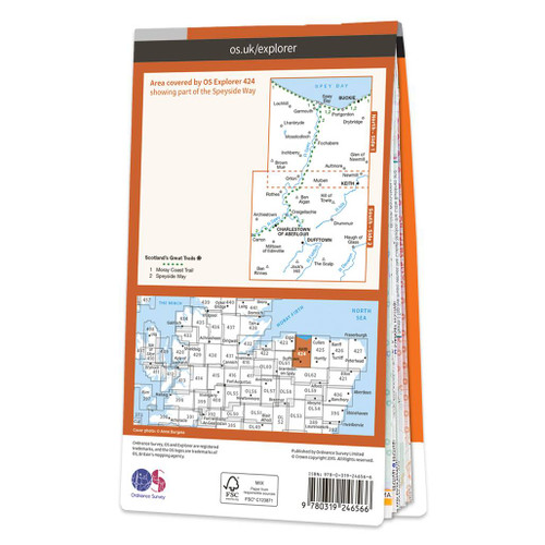 Rear orange cover of OS Explorer Map 424 Buckie & Keith showing the area covered by the map and the wider area