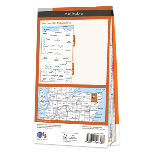 Rear orange cover of OS Explorer Map 426 Banff, Macduff & Turriff showing the area covered by the map and the wider area