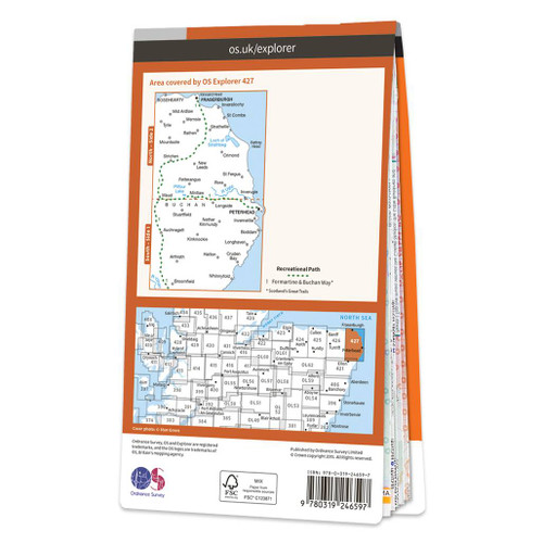 Rear orange cover of OS Explorer Map 427 Peterhead & Fraserburgh showing the area covered by the map and the wider area