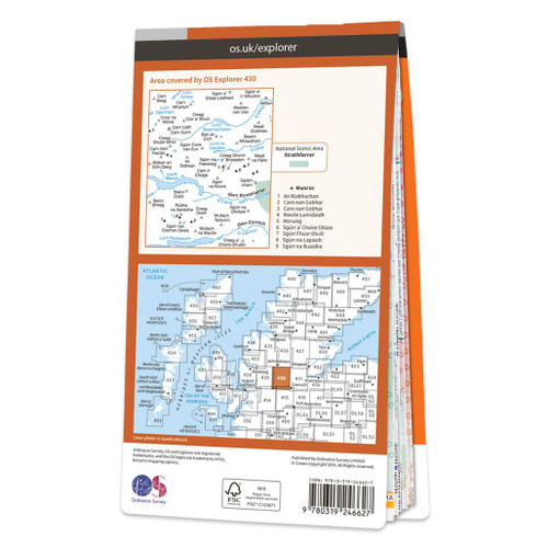 Rear orange cover of OS Explorer Map 430 Loch Monar, Glen Cannich & Glen Strathfarrar showing the area covered by the map and the wider area