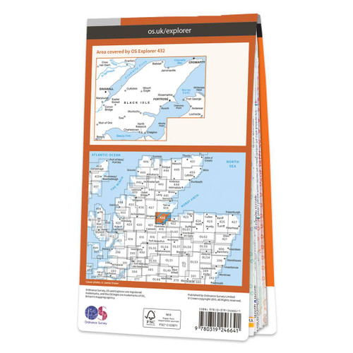 Rear orange cover of 432 OS Explorer Map of Black Isle showing the area covered by the map and the wider area