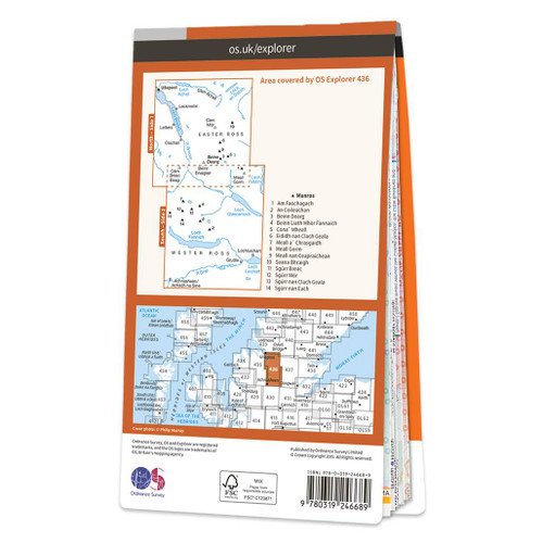 Rear orange cover of OS Explorer Map 436 Beinn Dearg & Loch Fannich showing the area covered by the map and the wider area