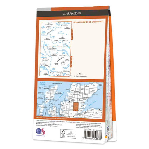 Rear orange cover of OS Explorer Map 437 Ben Wyvis & Strathpeffer showing the area covered by the map and the wider area