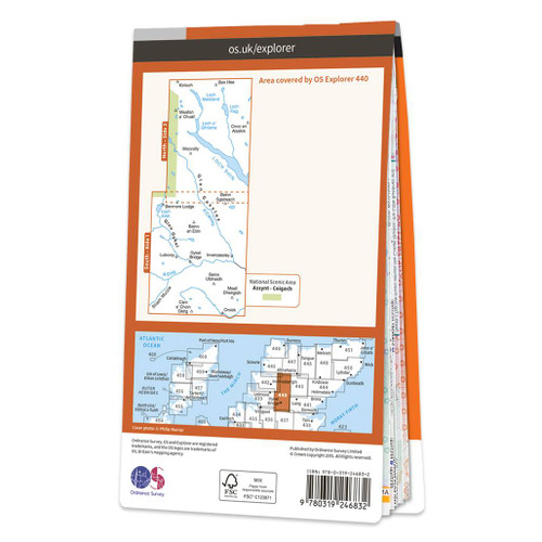 Rear orange cover of OS Explorer Map 440 Glen Cassley & Glen Oykel showing the area covered by the map and the wider area