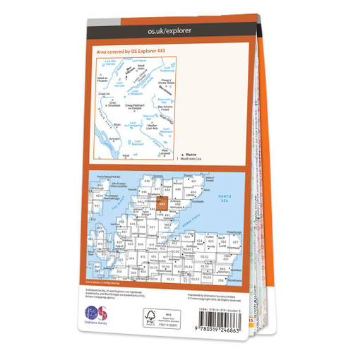 Rear orange cover of OS Explorer Map 443 Ben Klibreck & Ben Armine showing the area covered by the map and the wider area