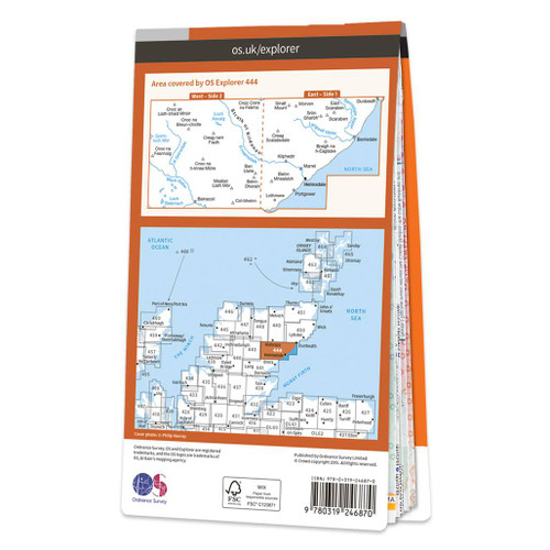 Orange OS rear cover of Map of Helmsdale & Strath of Kildonan Explorer 444 and the wider area covered by other maps