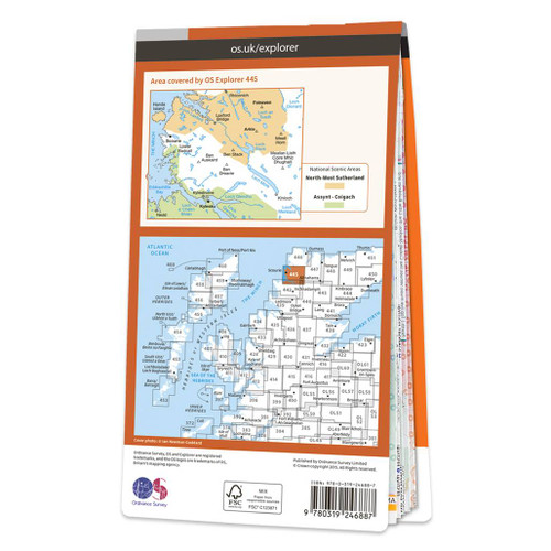 Rear orange cover of OS Explorer Map 445 Foinaven, Arkle, Kylesku & Scourie showing the area covered by the map and the wider area