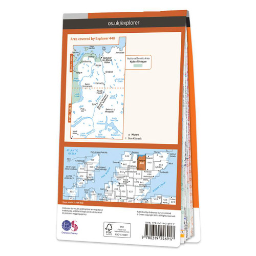 Rear orange cover of OS Explorer Map 448 Strath Naver & Loch Loyal showing the area covered by the map and the wider area