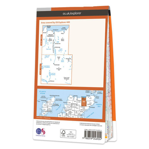 Rear orange cover of OS Explorer Map 449 Strath Halladale & Strathy Point showing the area covered by the map and the wider area