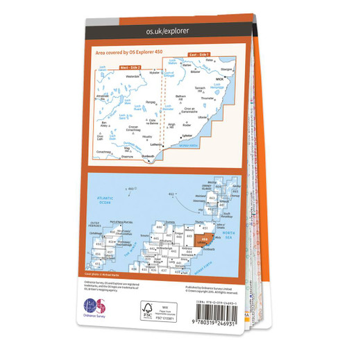 Rear orange cover of OS Explorer Map 450 Wick & The Flow Country showing the area covered by the map and the wider area