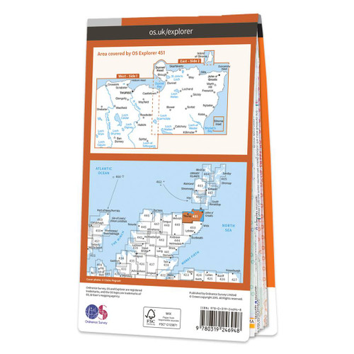 Rear orange cover of OS Explorer Map 451 Thurso & John o'Groats showing the area covered by the map and the wider area