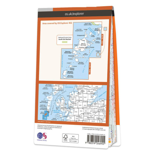 Rear orange cover of OS Explorer Map 452 Barra & Vatersay showing the area covered by the map and the wider area