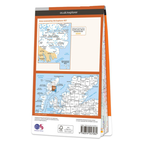 Rear orange cover of OS Explorer Map 457 South East Lewis showing the area covered by the map and the wider area