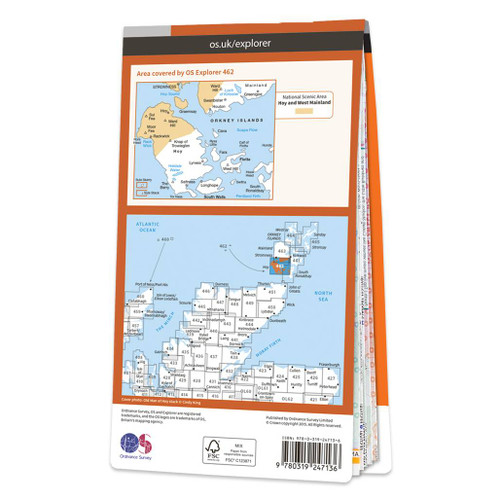 Rear orange cover of OS Explorer Map 462 Orkney - Hoy, South Walls & Flotta showing the area covered by the map and the wider area