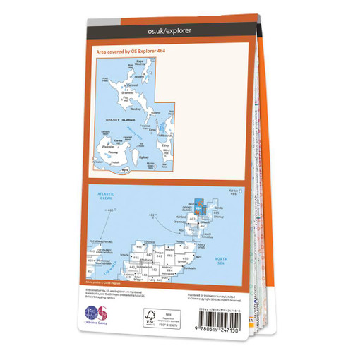 Rear orange cover of OS Explorer Map 464 Orkney - Westray, Papa Westray, Rousay, Egilsay & Wyre showing the area covered by the map and the wider area