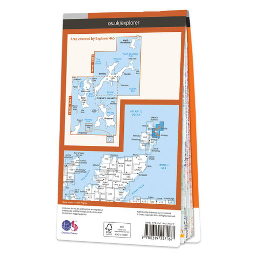 Rear orange cover of OS Explorer Map 465 Orkney - Sanday, Eday, North Ronaldsay & Stronsay showing the area covered by the map and the wider area