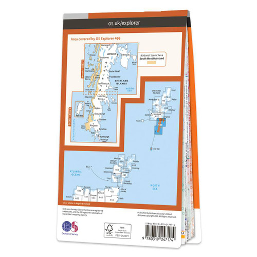 Rear orange cover of OS Explorer Map 466 Shetland - Mainland South showing the area covered by the map and the wider area