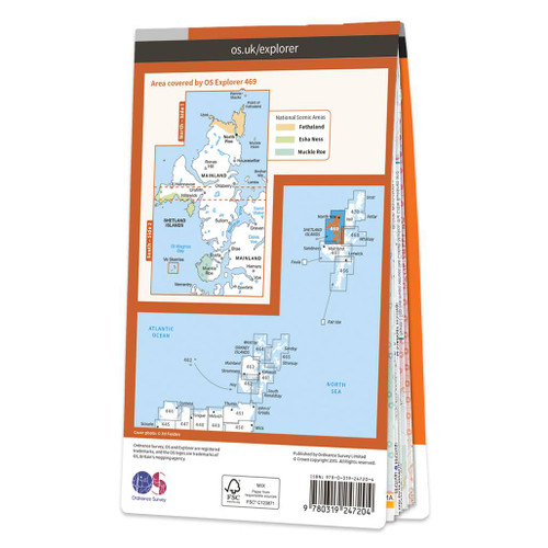 Rear orange cover of OS Explorer Map 469 Shetland - Mainland North West showing the area covered by the map and the wider area