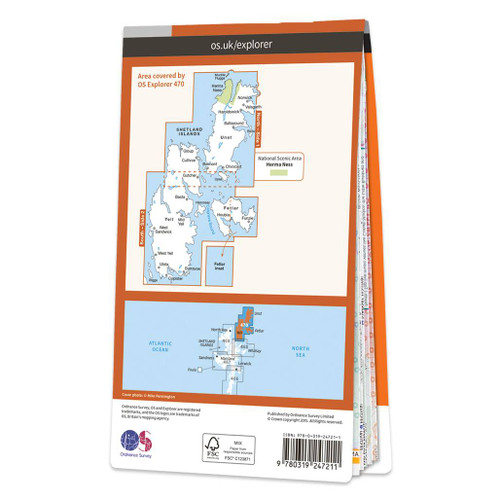 Rear orange cover of OS Explorer Map 470 Shetland - Unst, Yell & Fetlar showing the area covered by the map and the wider area