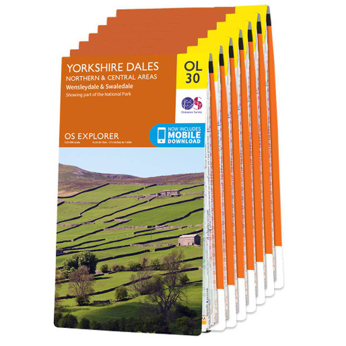 Orange front covers of the maps in the OS Explorer Pennine Journey map set