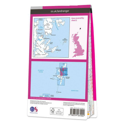 Rear pink cover of OS Landranger Map 2 Shetland - Sullom Voe & Whalsay showing the area covered by the map and the wider area