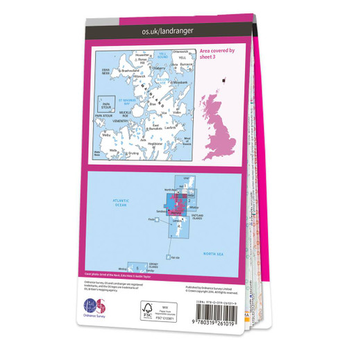 Rear pink cover of OS Landranger Map 3 Shetland - North Mainland showing the area covered by the map and the wider area