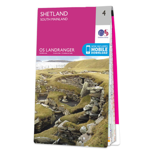 Pink front cover of OS Landranger Map 4 Shetland - South Mainland