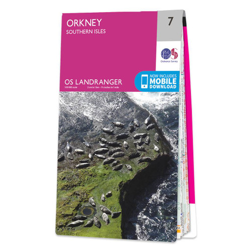 Pink front cover of OS Landranger Map 7 Orkney Southern Isles