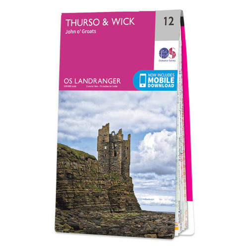 Pink front cover of OS Landranger Map 12 Thurso & Wick