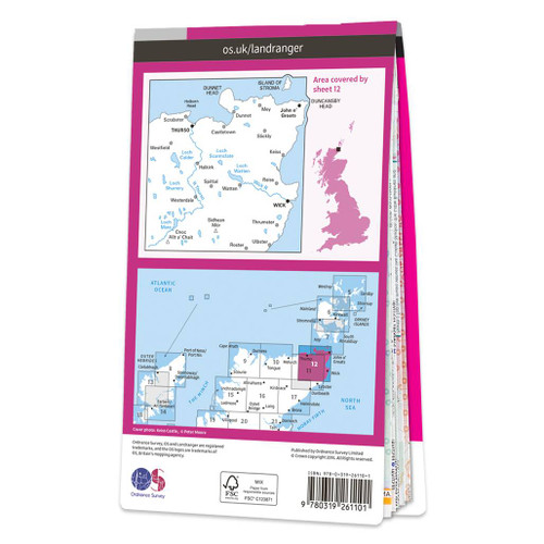 Rear pink cover of OS Landranger Map 12 Thurso & Wick showing the area covered by the map and the wider area