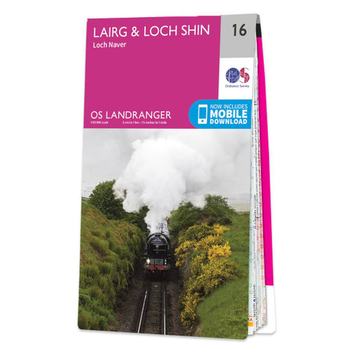 Pink front cover of OS Landranger Map 16 Lairg & Loch Shin