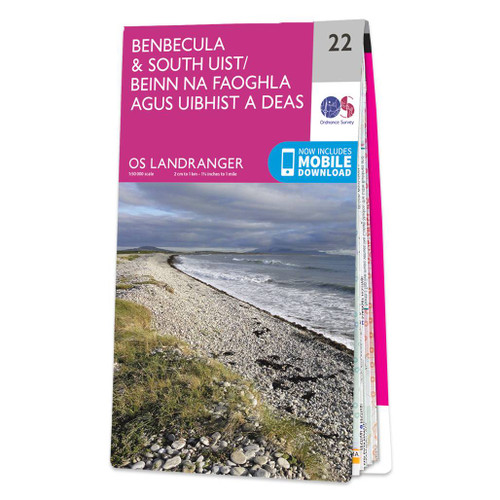 Pink front cover of OS Landranger Map 22 Benbecula & South Uist