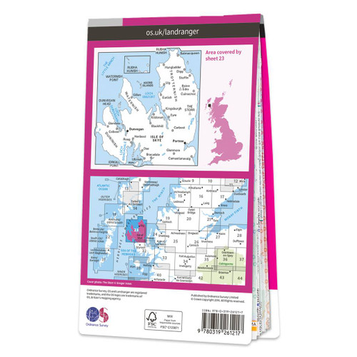 Rear pink cover of OS Landranger Map 23 North Skye showing the area covered by the map and the wider area