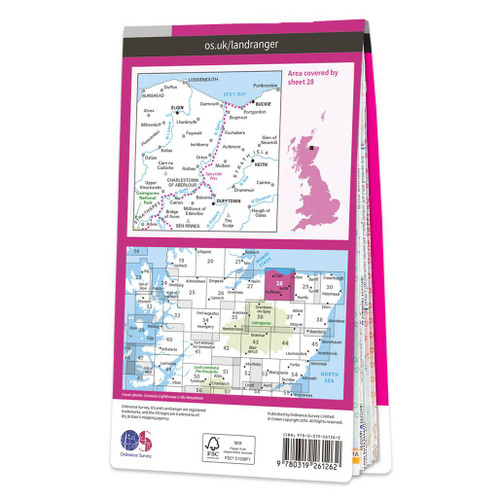 Rear pink cover of OS Landranger Map 28 Elgin & Dufftown showing the area covered by the map and the wider area