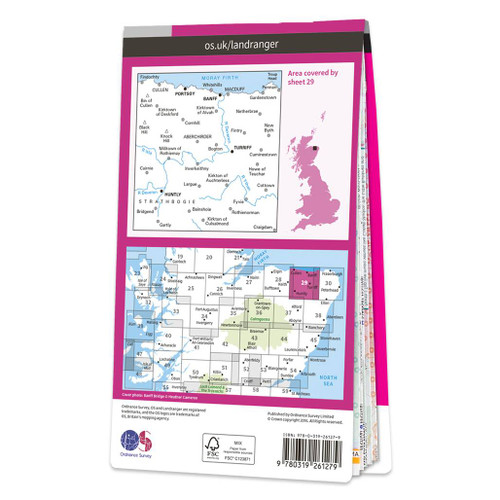 Rear pink cover of OS Landranger Map 29 Banff & Huntly showing the area covered by the map and the wider area