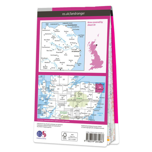Rear pink cover of OS Landranger Map 30 Fraserburgh showing the area covered by the map and the wider area