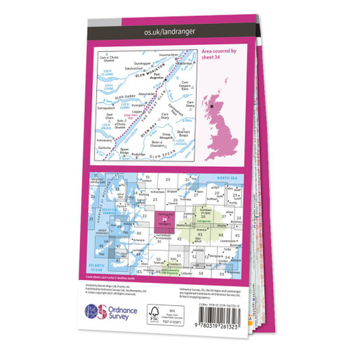 Rear pink cover of OS Landranger Map 34 Fort Augustus showing the area covered by the map and the wider area