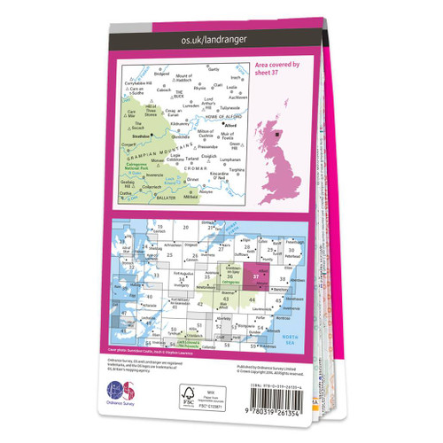 Rear pink cover of OS Landranger Map 37 Strathdon & Alford showing the area covered by the map and the wider area