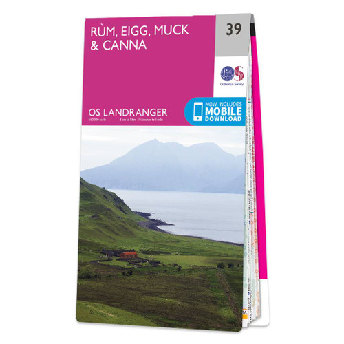 Pink front cover of OS Landranger Map 39 Rùm, Eigg, Muck & Canna