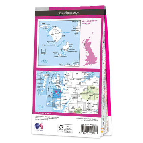 Rear pink cover of OS Landranger Map 39 Rùm, Eigg, Muck & Canna showing the area covered by the map and the wider area