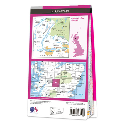 Rear pink cover of OS Landranger Map 42 Glen Garry and Loch Rannoch showing the area covered by the map and the wider area