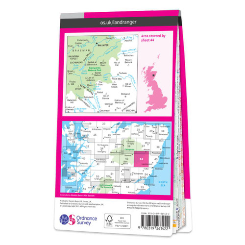 Rear pink cover of OS Landranger Map 44 Ballater & Glen Clova showing the area covered by the map and the wider area