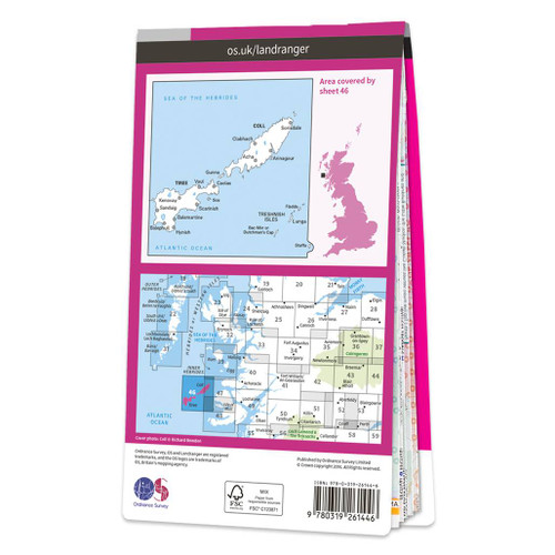 Rear pink cover of OS Landranger Map 46 Coll & Tiree showing the area covered by the map and the wider area