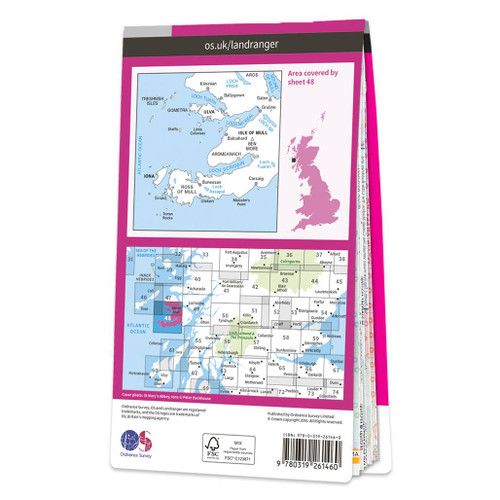 Rear pink cover of OS Landranger Map 48 Iona & West Mull showing the area covered by the map and the wider area