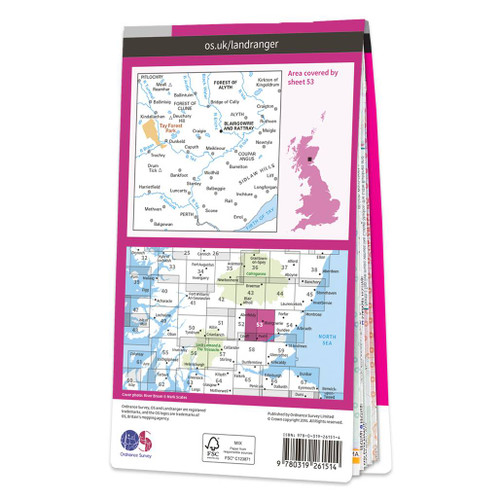 Rear pink cover of OS Landranger Map 53 Blairgowrie & Rattray showing the area covered by the map and the wider area