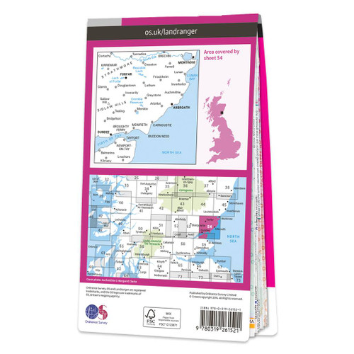 Rear pink cover of OS Landranger Map 54 Dundee & Montrose showing the area covered by the map and the wider area