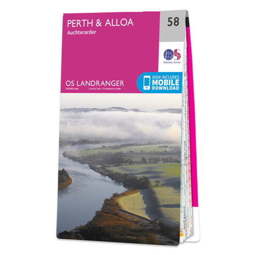 Pink front cover of OS Landranger Map 58 Perth & Alloa