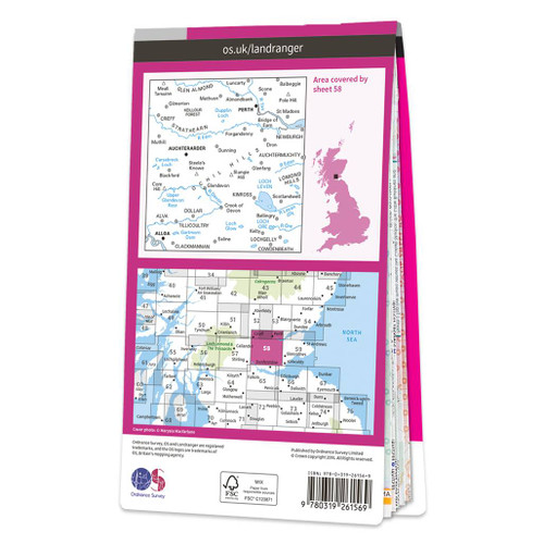 Rear pink cover of OS Landranger Map 58 Perth & Alloa showing the area covered by the map and the wider area